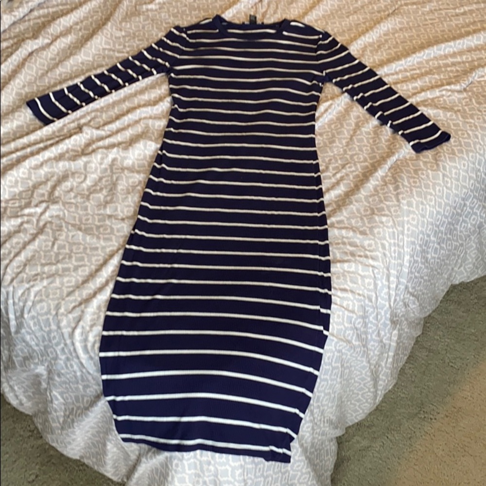 Navy Striped Ribbed Midi Dress - 3/4 Sleeves